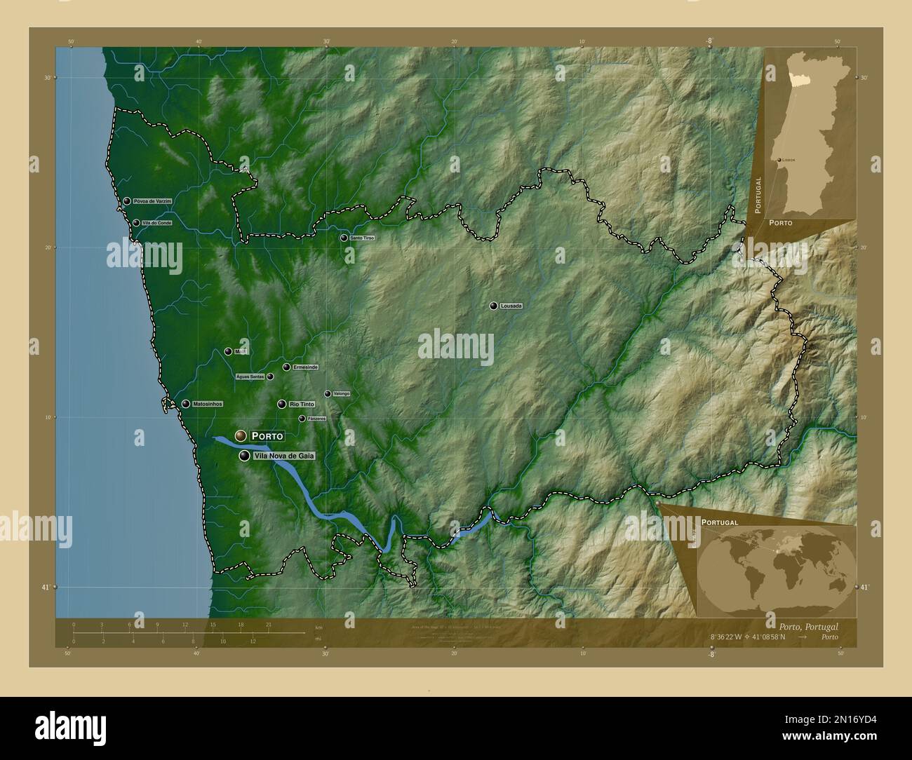 Porto Distrito De Portugal Mapa De Elevación En Color Con Lagos Y Ríos Ubicaciones Y Nombres 0737
