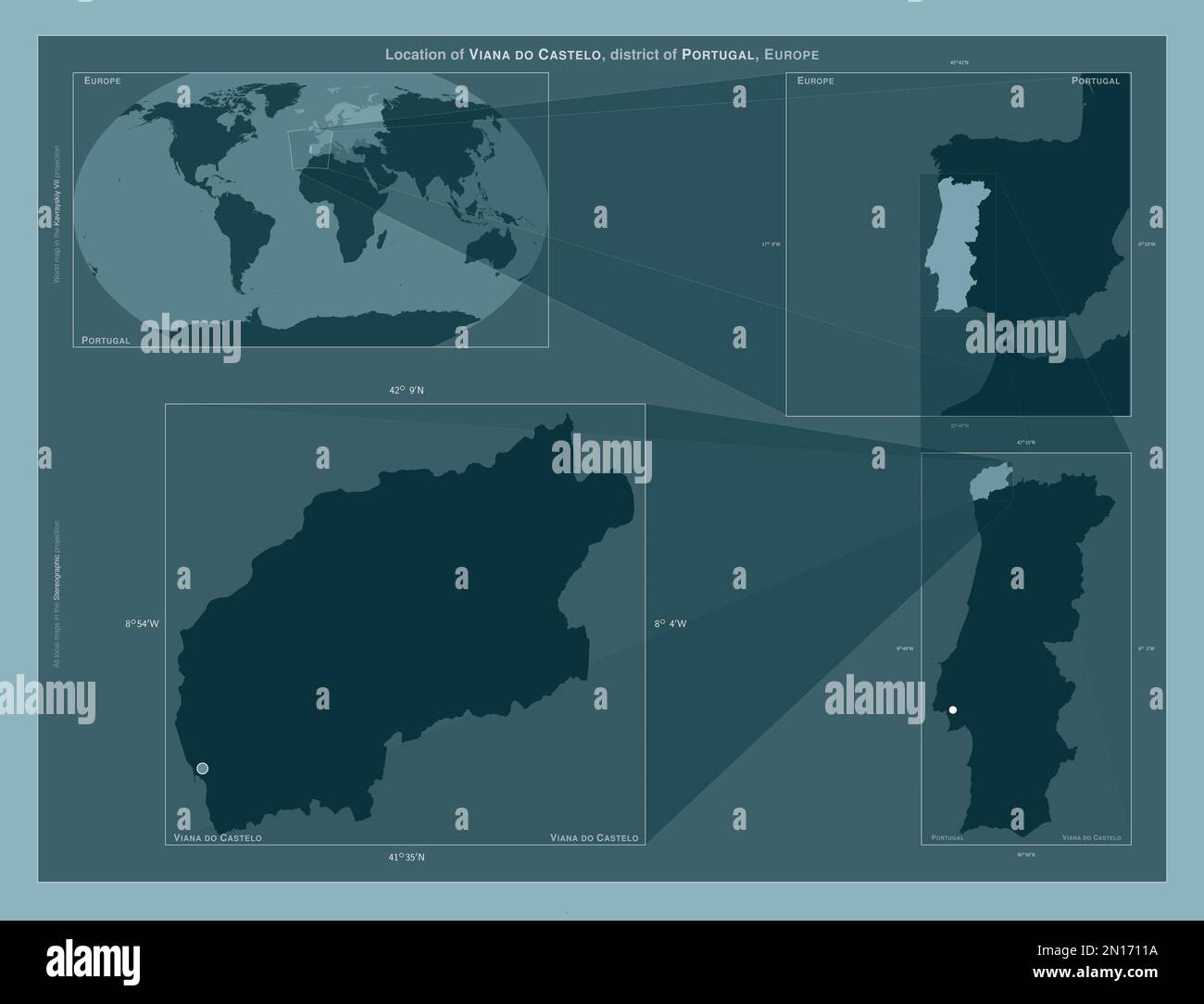 Viana do Castelo, distrito de Portugal. Diagrama que muestra la ubicación de la región en mapas Viana do Castelo, distrito de Portugal. Diagrama que muestra la ubicación de la región en mapas