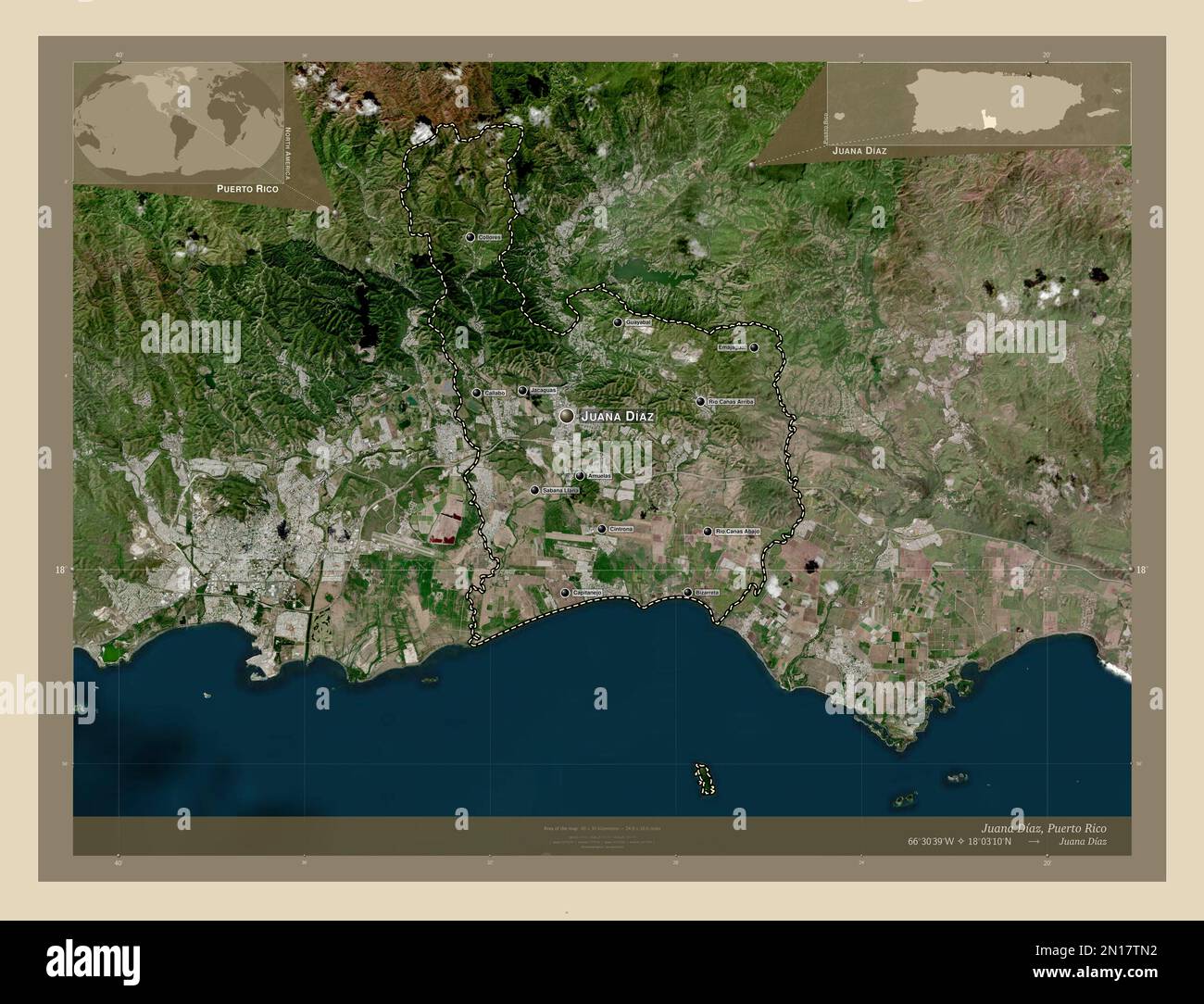 Juana Díaz, municipio de Puerto Rico. Mapa satelital de alta resolución.  Ubicaciones y nombres de las principales ciudades de la región. Ubicación  auxiliar de esquina m Fotografía de stock - Alamy
