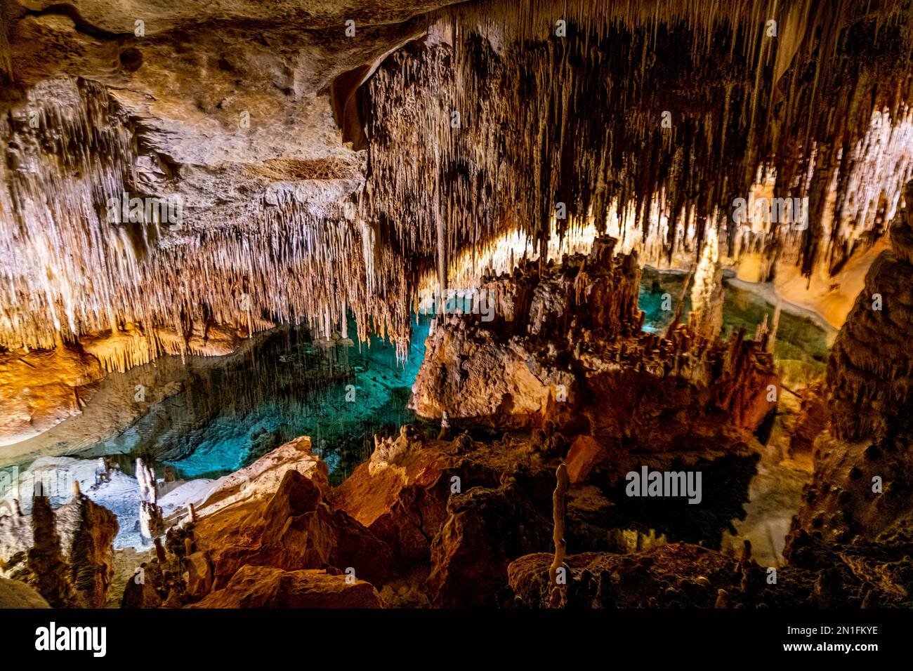 Estalactitas, Cuevas del Drach, Porto Christo, Mallorca, Islas Baleares, España, Mediterráneo, Europa Foto de stock