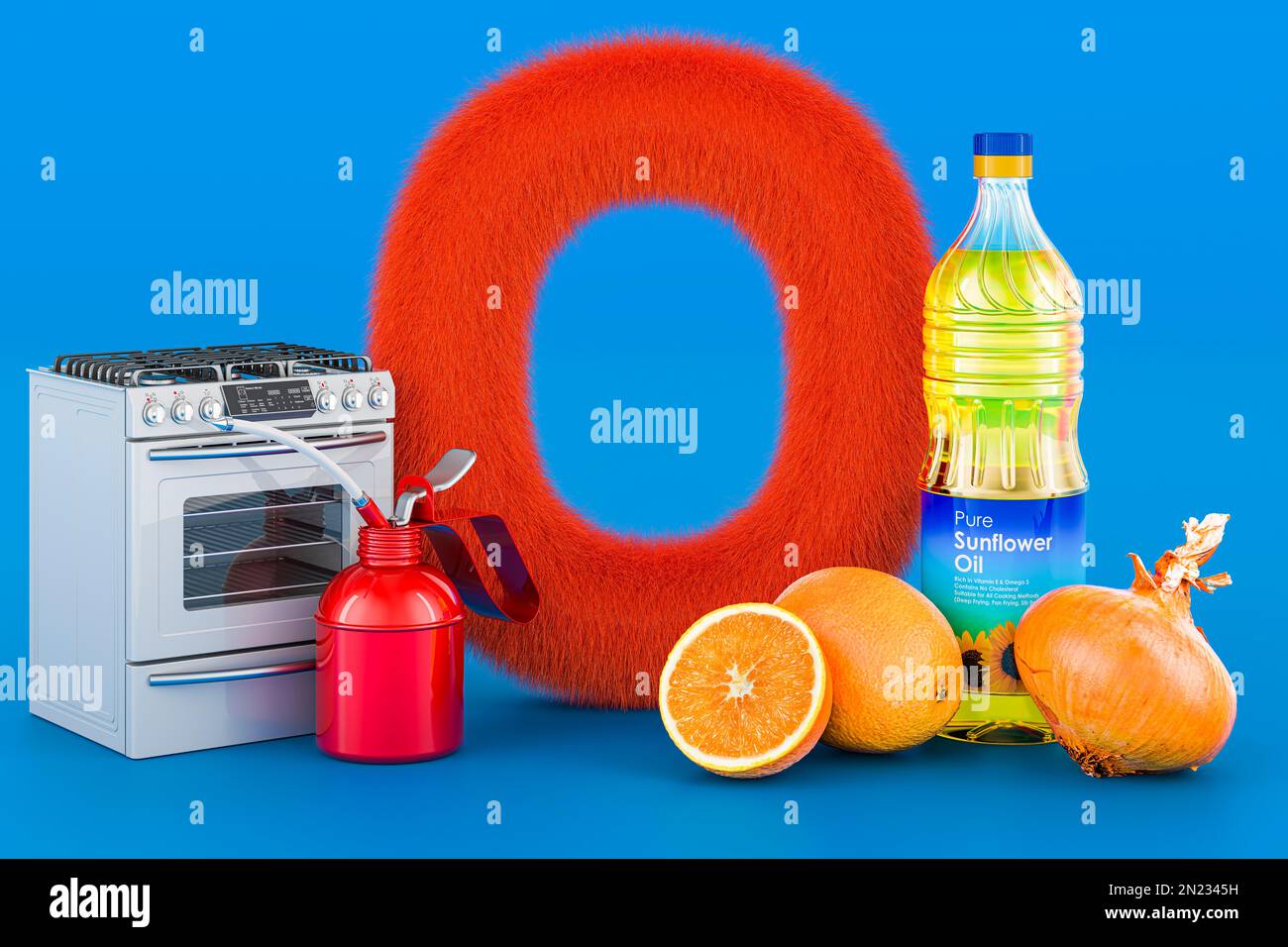 Niños ABC, letra esponjosa O con horno, lata de aceite, naranja, cebolla, botella de aceite de girasol. Representación 3D sobre fondo azul Foto de stock