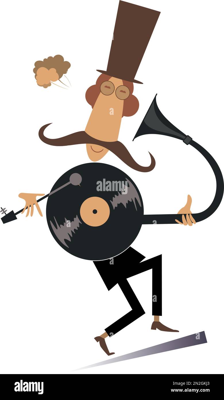 Ilustración del hombre y del tocadiscos retro. El hombre del bigote en la parte superior está escuchando música de un tocadiscos clásico aislado en blanco Ilustración del Vector