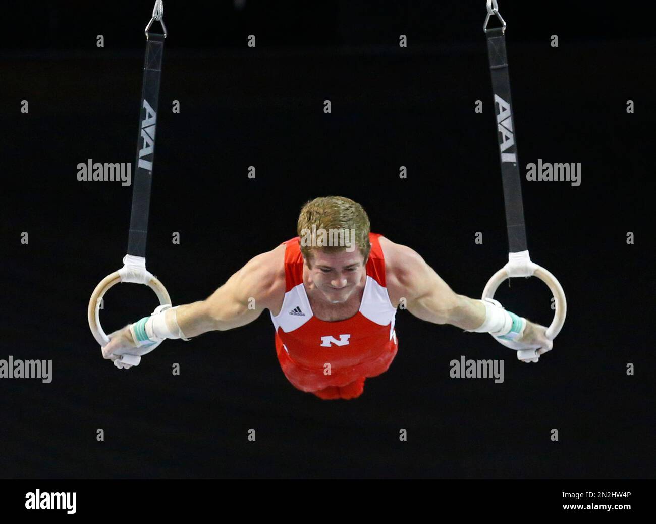 Nebraska's Alex Magsam competes on the rings during the preliminary