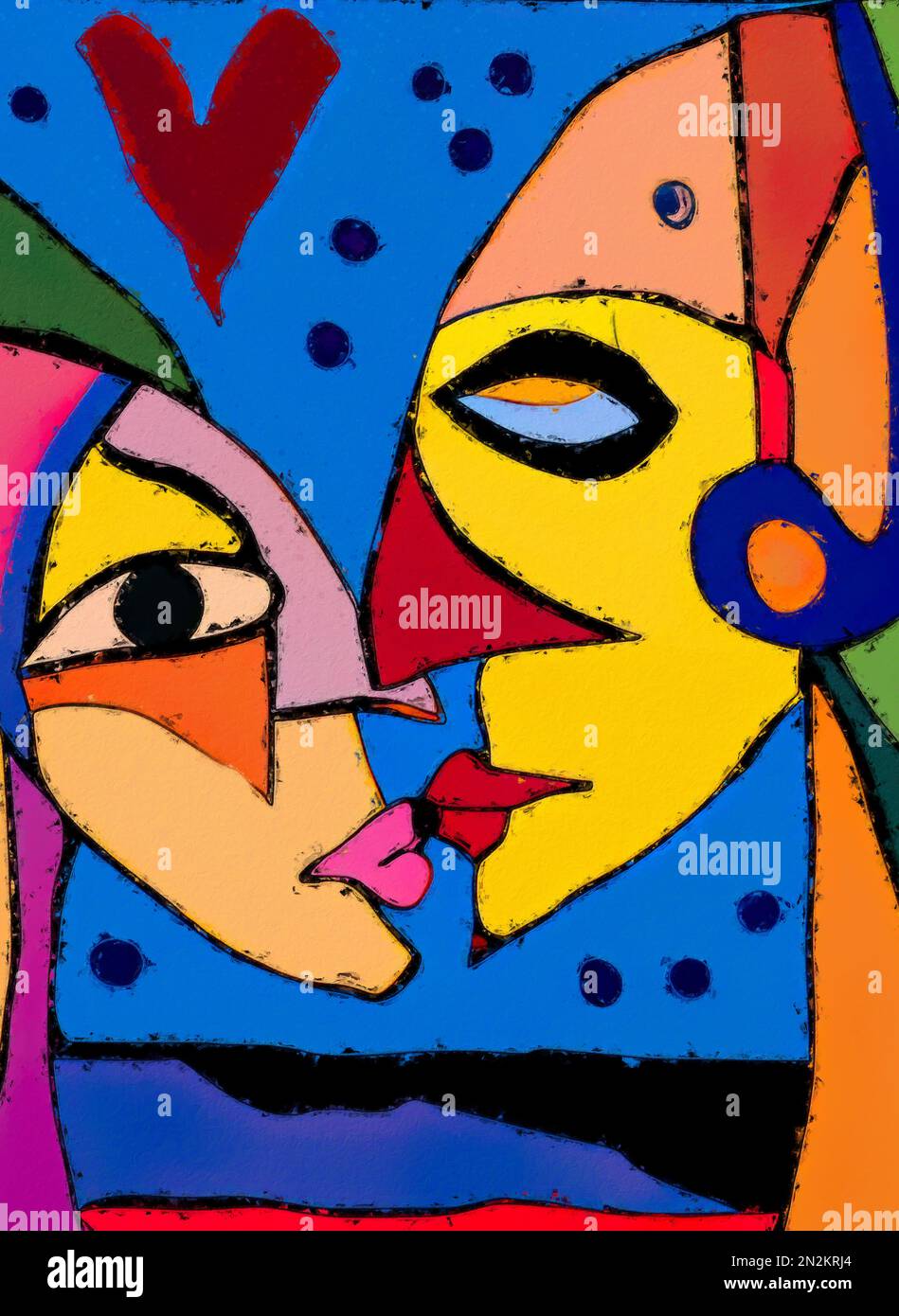 Pintura abstracta y colorida con un hombre y una mujer de aspecto extraño  besándose en un entorno abstracto, renderizado en tonos audaces y vibrantes  Fotografía de stock - Alamy