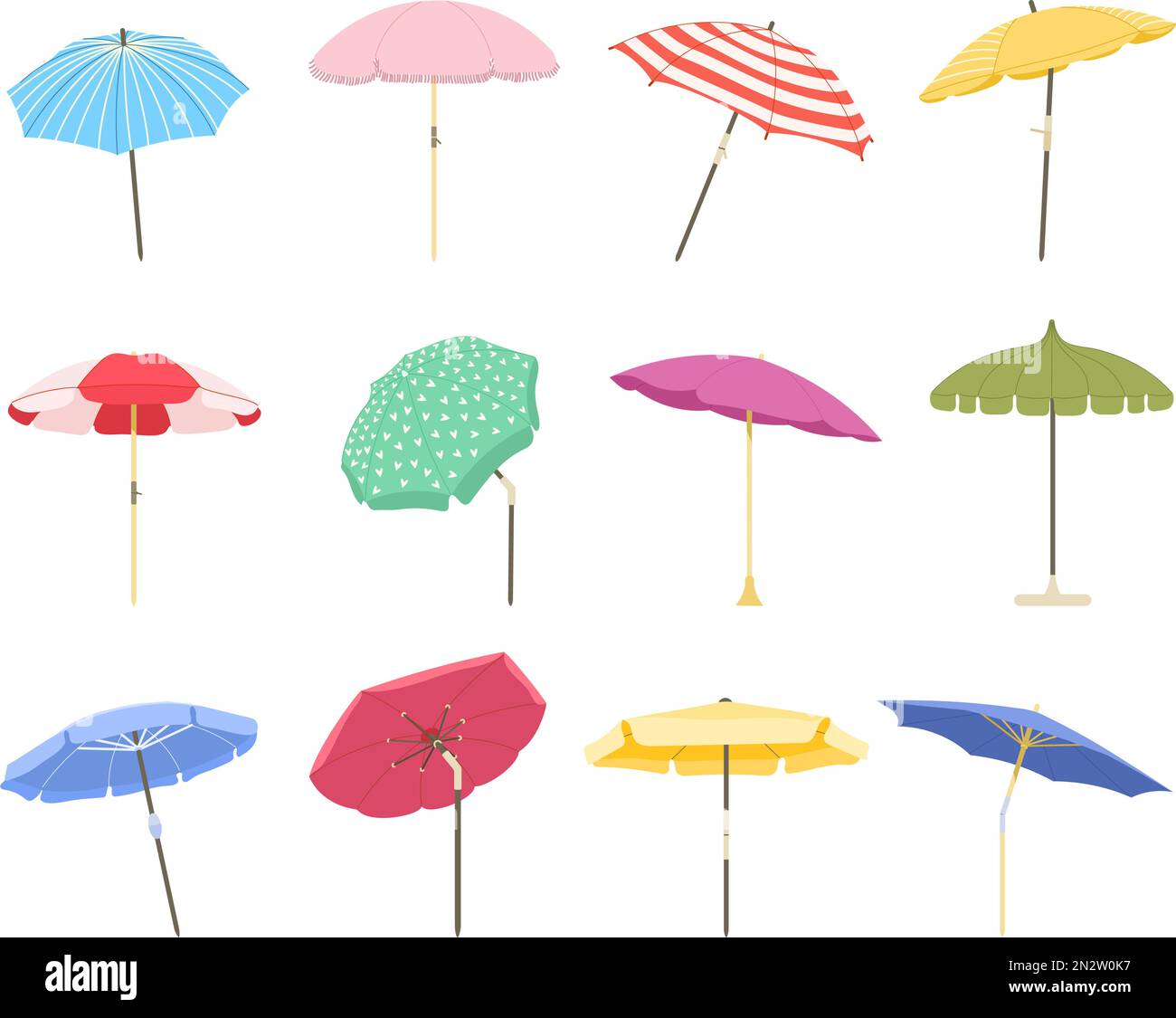 Paraguas de playa de dibujos animados. Sombrillas grandes al aire libre de  protección solar con rayas, sombrilla de verano aislado conjunto de  ilustración vectorial Imagen Vector de stock - Alamy