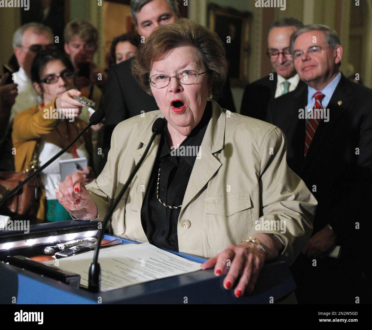FILE In this June 29, 2011, file photo, Sen. Barbara Mikulski, DMd., speaks to reporters on
