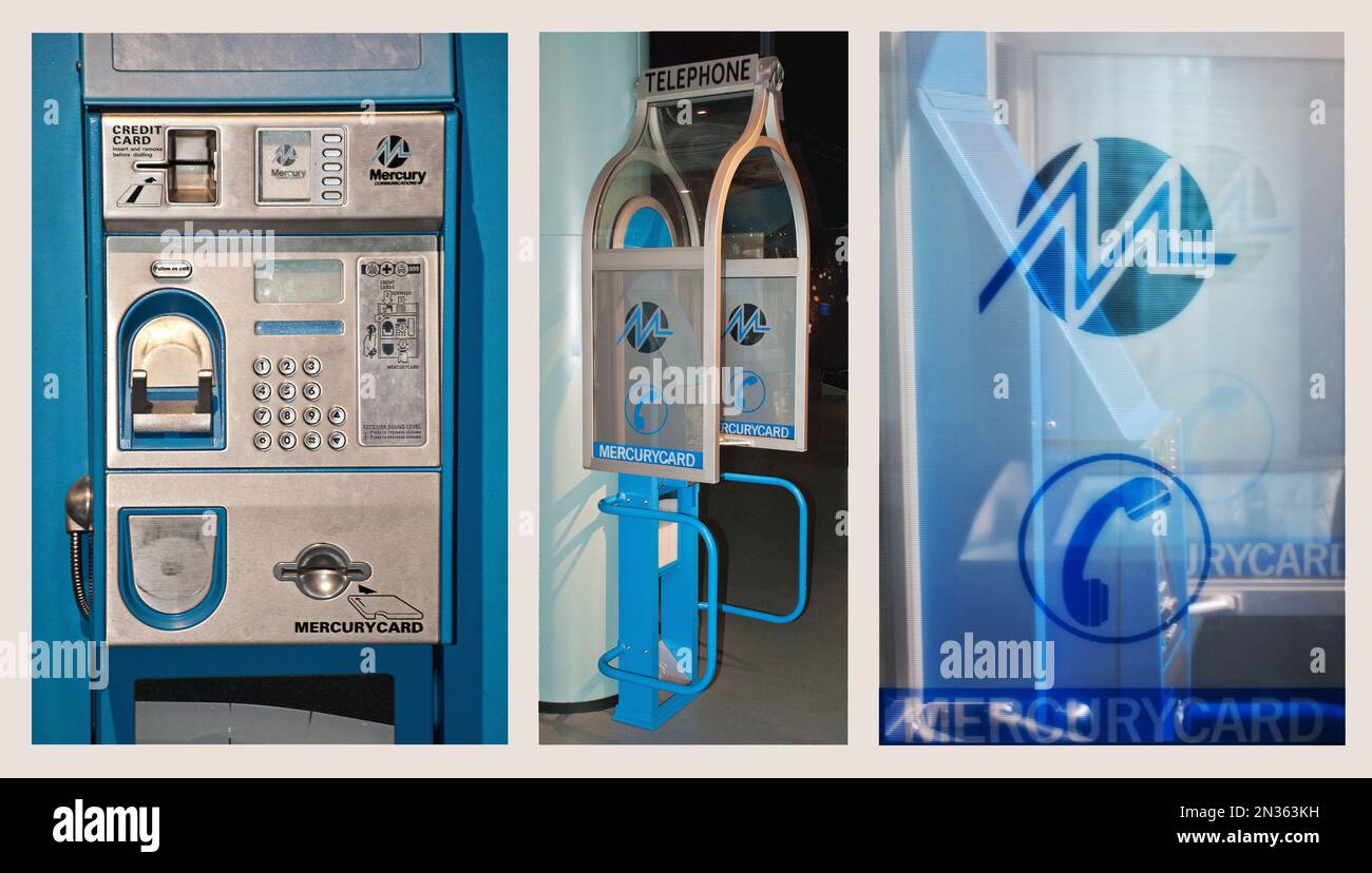 Una cabina telefónica o quiosco con un soporte de metal azul que soporta  una cubierta de vidrio, perspex y metal, con soporte para un teléfono  Mercury operado por tarjeta Fotografía de stock -