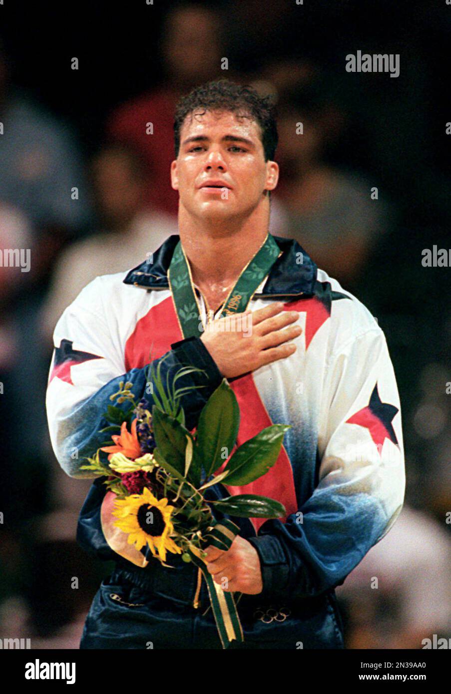 In this July 31, 1996 file photo, Kurt Angle of the United States