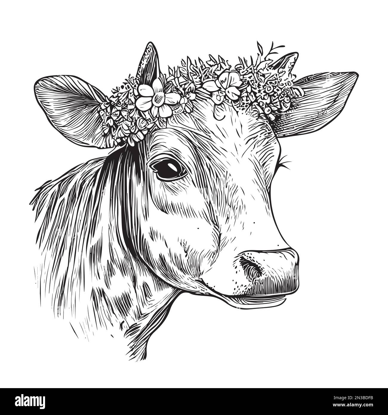 Retrato de vaca con flores en la cabeza dibujado a mano boceto Ilustración del Vector