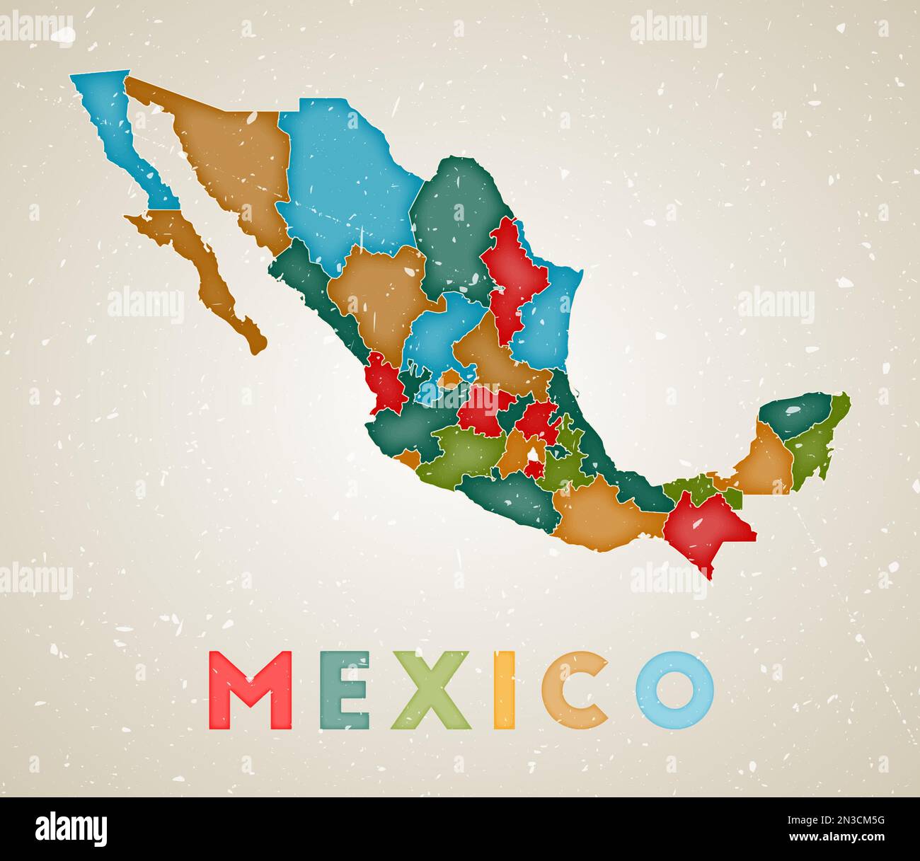 Mapa de México. Cartel de país con regiones de colores. Vieja textura