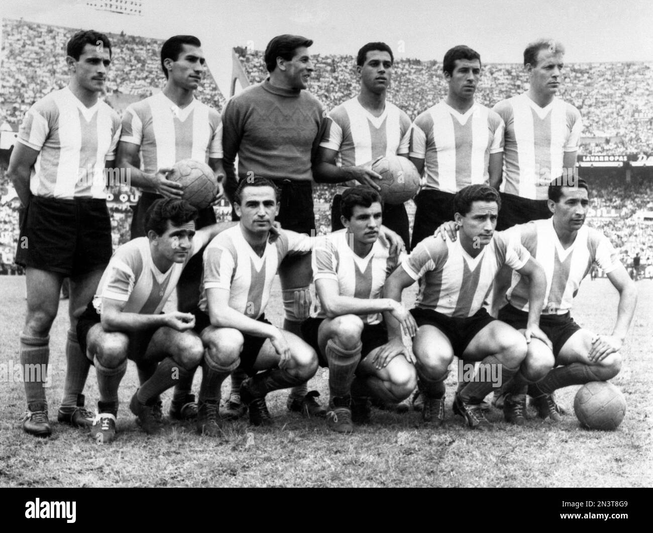 Argentina's World Cup team shown around May 11, 1962. Front row, left to  right: Omar Oreste Corbatta; Juan Jose Pizzutti; Luis Artime; Jose  Sanfilippo; and Raul Belon. Standing, from left: Carmelo Simeone;