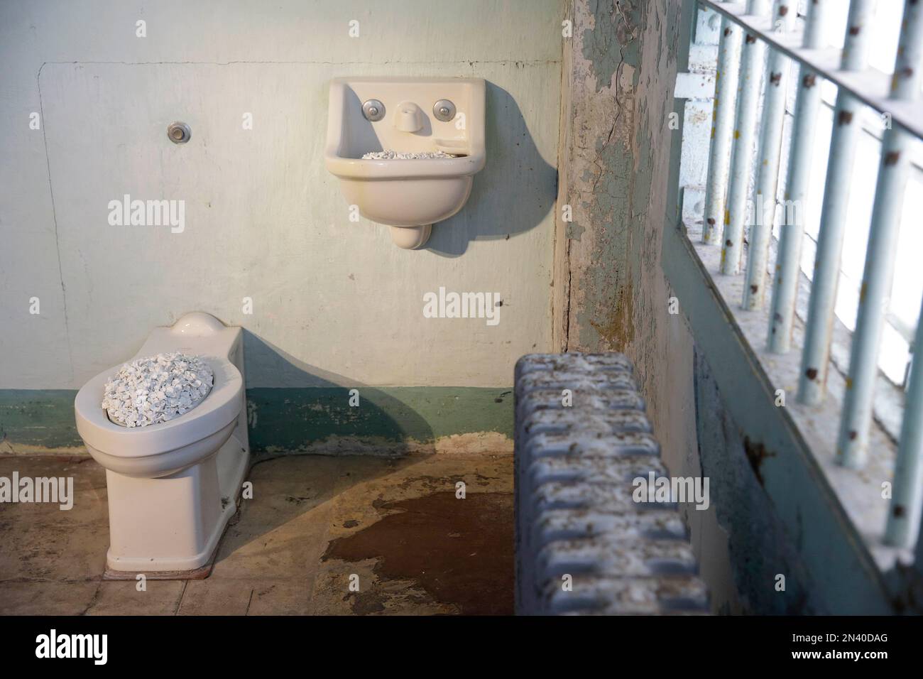 Ceramic flowers fill a prison hospital cell toilet and wash basin in ...