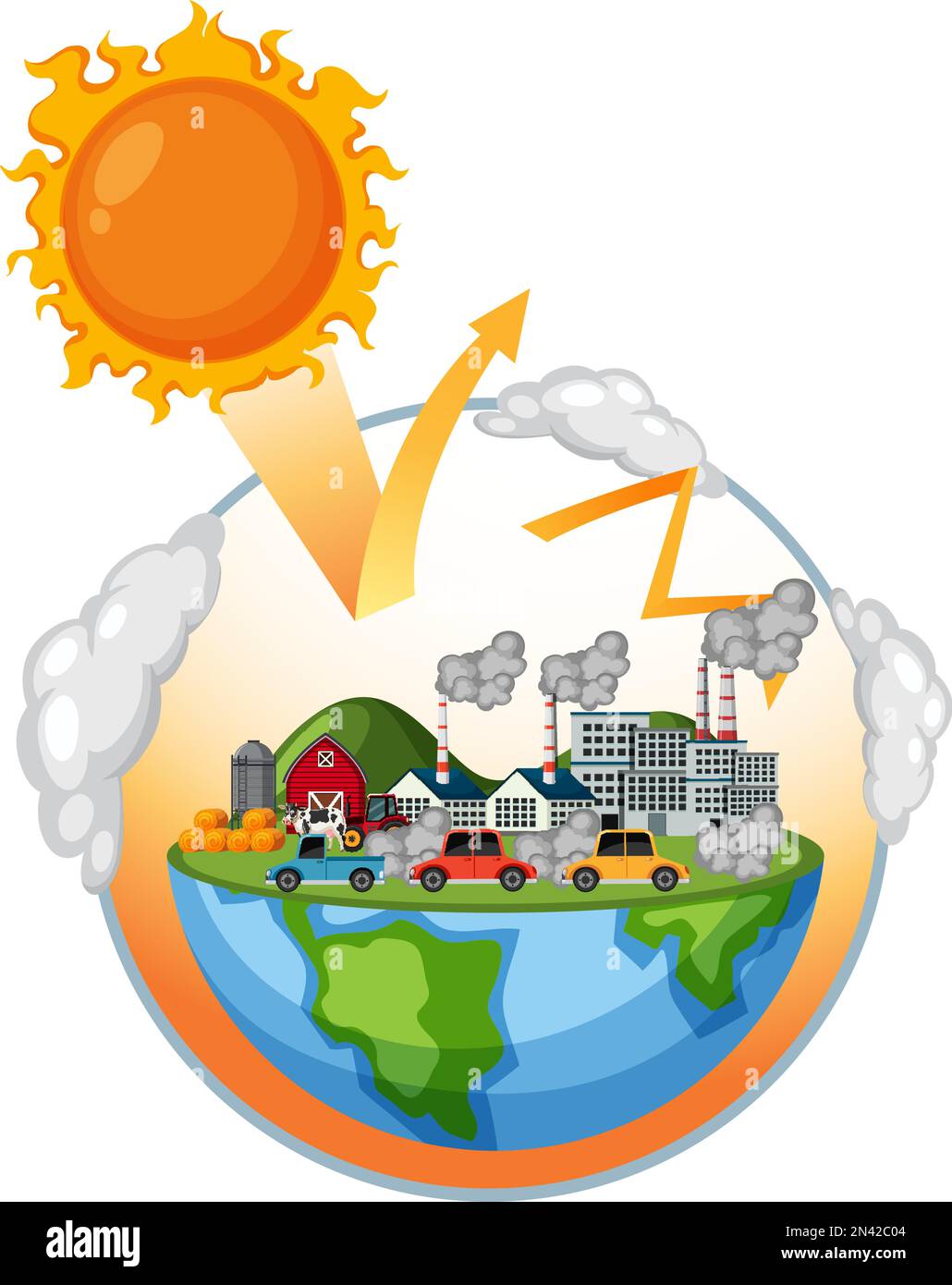 Ilustración del diagrama de efecto invernadero y calentamiento global