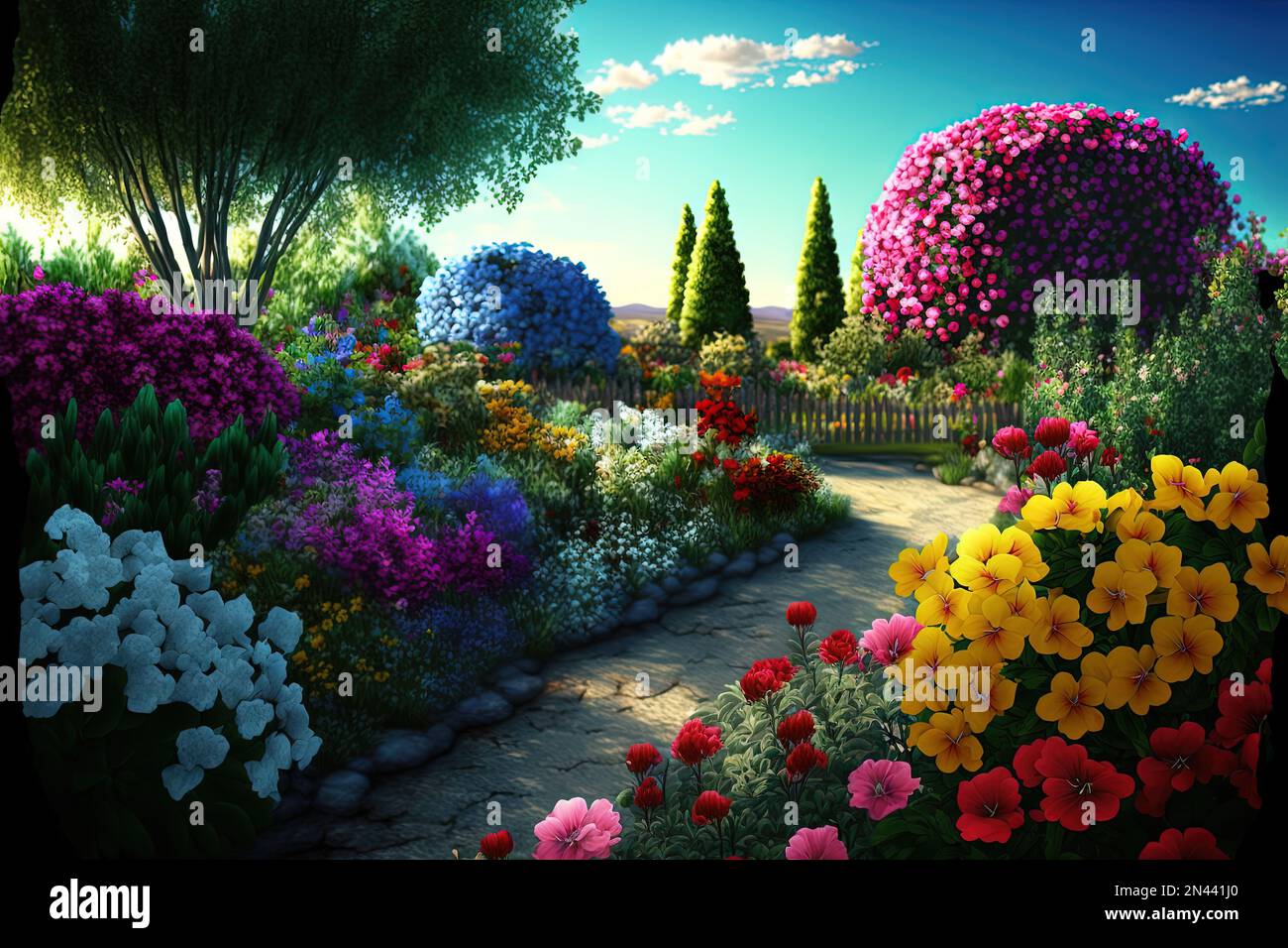 Una ilustración generada por IA de un hermoso jardín soleado con varias  flores coloridas en flor Fotografía de stock - Alamy