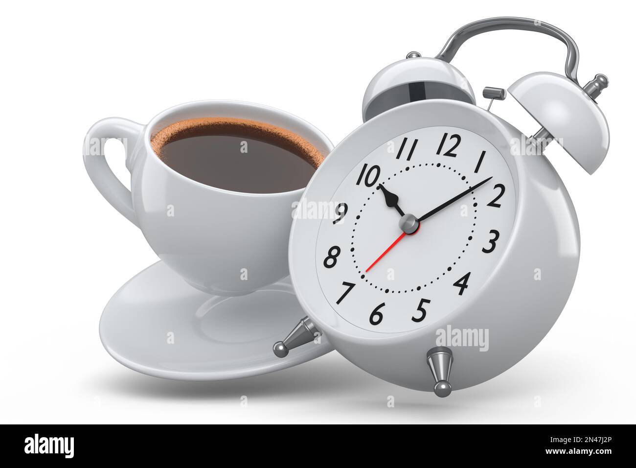 Reloj despertador vintage con taza de café de cerámica sobre fondo blanco.  3d render concepto de despertar hora de la mañana y darse prisa, período de  promoción de ventas para on Fotografía