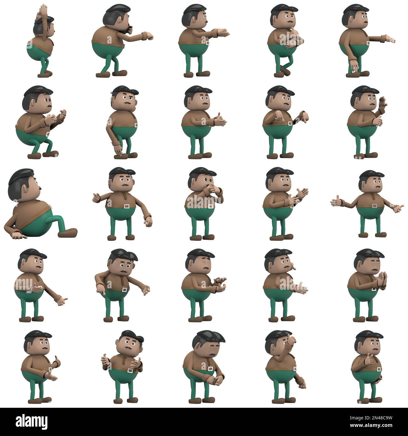 El hombre con bigote que lleva un pantalón verde de camisa larga marrón es  expresión de cuerpo o hacer ejercicio. representación 3d del personaje de  dibujos animados en la actuación Fotografía de