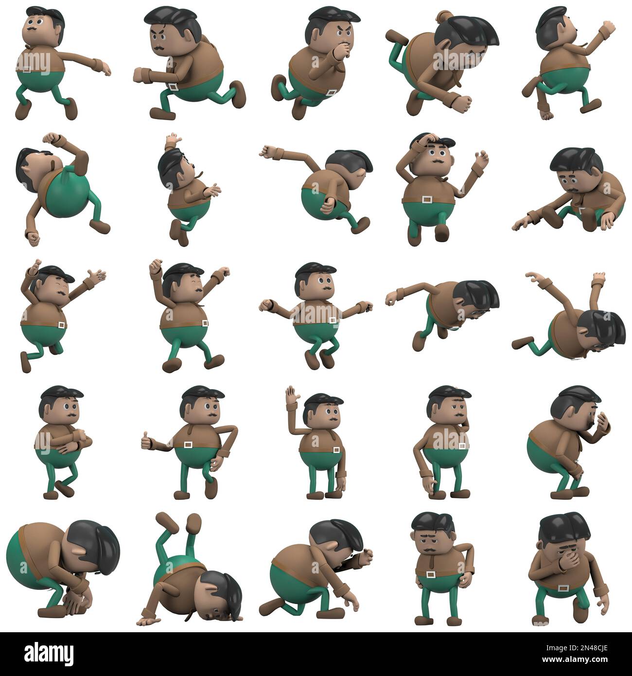 El hombre con bigote que lleva un pantalón verde de camisa larga marrón es expresión de cuerpo o hacer ejercicio. representación 3d del personaje de dibujos animados en la actuación Fotografía de El hombre con bigote que lleva un pantalón verde de camisa larga marrón es expresión de cuerpo o hacer ejercicio. representación 3d del personaje de dibujos animados en la actuación Fotografía de