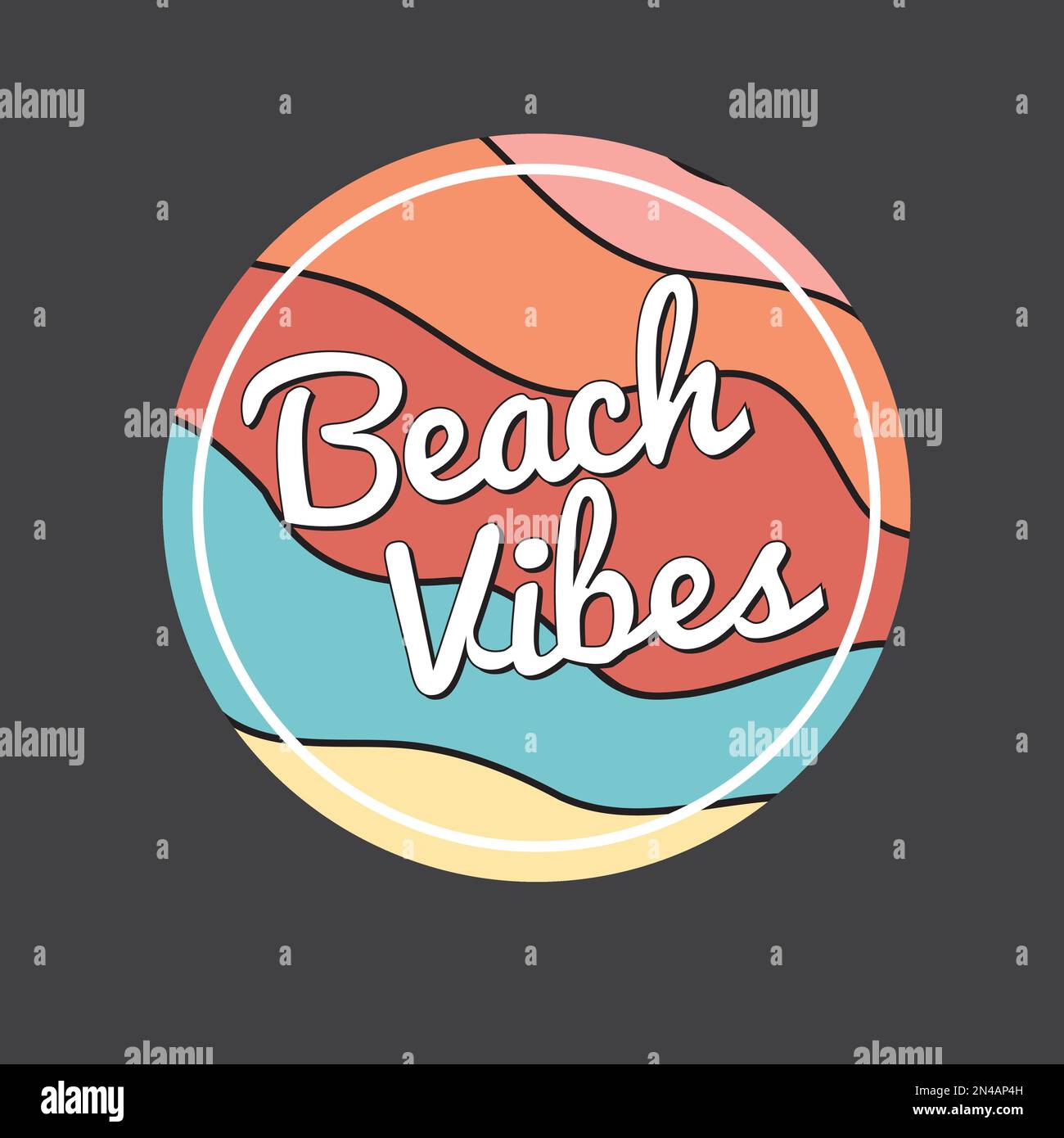 Beach Vibes verano ola retro diseño gráfico de forma redonda etiqueta engomada vector de impresión Ilustración del Vector