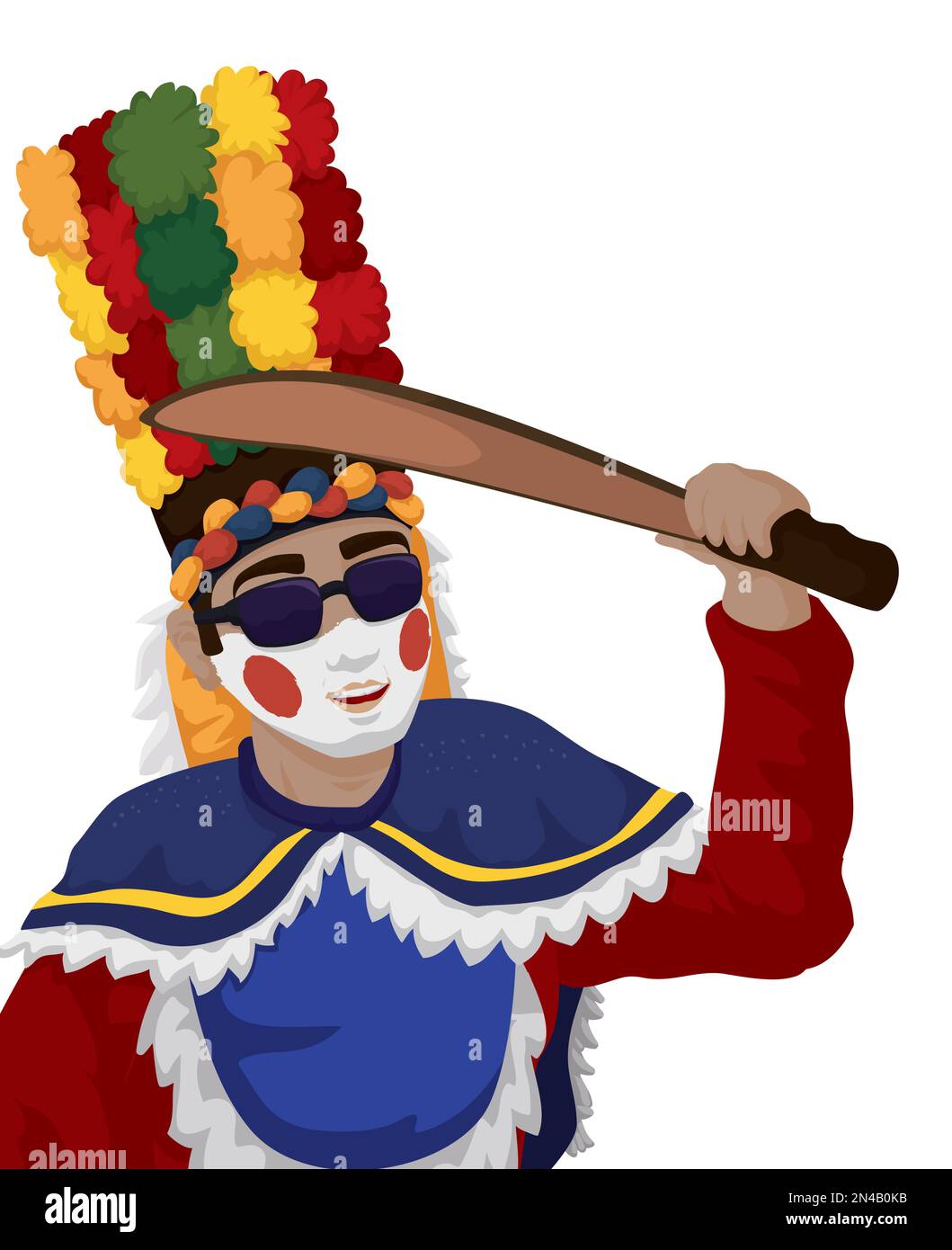 Retrato de bailarina congoleña con atuendo tradicional y jugando con machete falso durante el Carnaval de Barranquilla. Ilustración del Vector