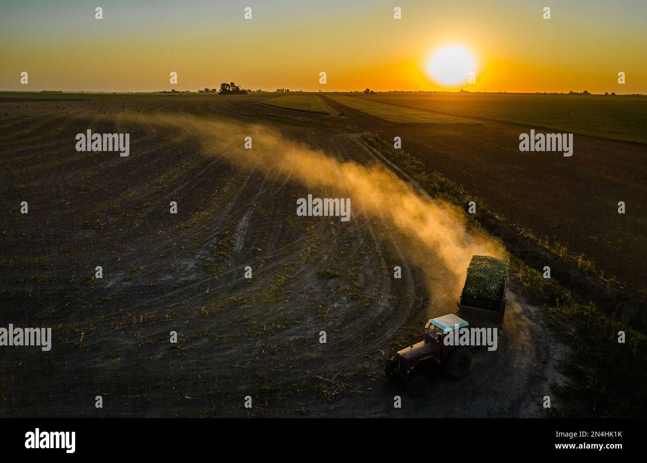Correa, Argentina. 07th de febrero de 2023. Un tractor conduce sobre un  campo seco por la noche. En Argentina, la cosecha de soja para la temporada  actual será un 25 por ciento