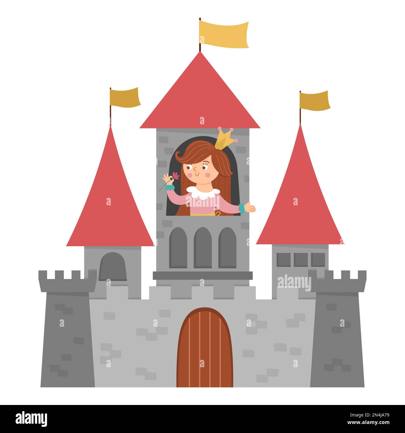 Vector castillo con icono de princesa aislado sobre fondo blanco. Palacio  medieval de piedra con torres, banderas, puertas. Ilustración de la casa  del rey de cuento de hadas Imagen Vector de stock -