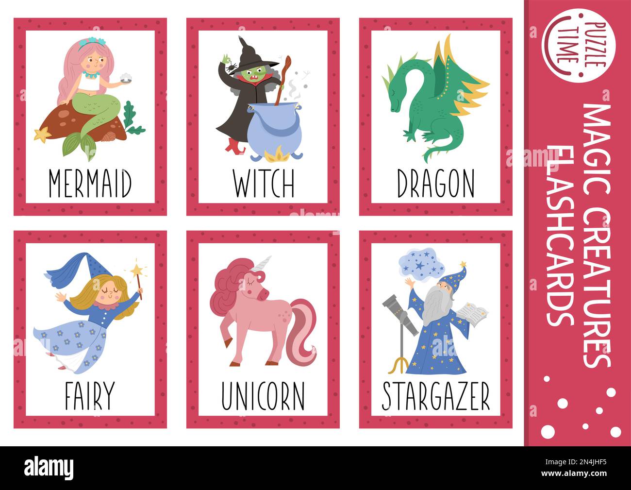 Vector Fairytale flash tarjetas Set. Juego en inglés con dragón lindo