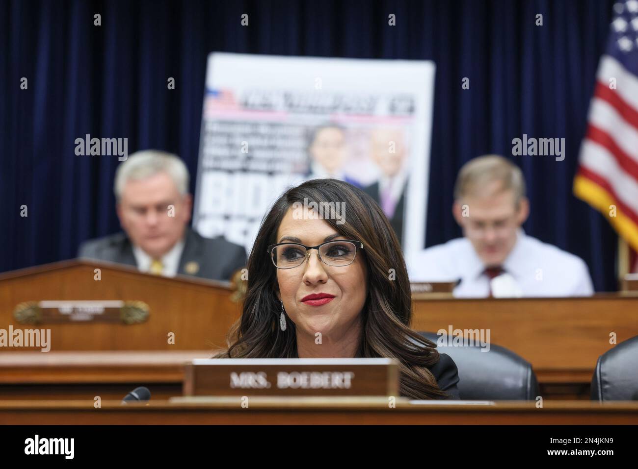 Washington, DC, Estados Unidos. 08th de febrero de 2023. EE.UU La representante Lauren Boebert (R-CO) escucha durante el discurso de protección de la interferencia gubernamental y el sesgo de las redes sociales Parte 1: Papel de los tuiteros en la supresión de la historia de Biden Laptop en el edificio de oficinas de la Casa Rayburn en Capitol Hill el 8 de febrero de 2023 en Washington, DC. Foto de Jemal Countess/UPI Credit: UPI/Alamy Live News Foto de stock