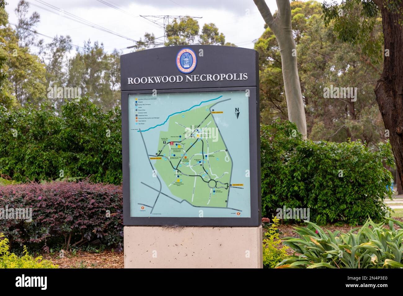 Rookwood necrópolis cementerio en Sydney, mapa y señalización del cementerio, Nueva Gales del Sur, Australia Foto de stock