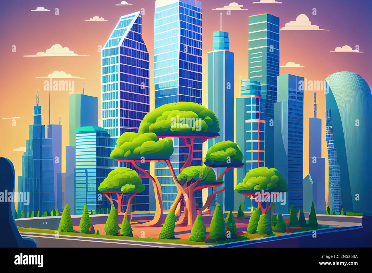 anime paisaje urbano con rascacielos y árboles verdes. IA generativa  Fotografía de stock - Alamy