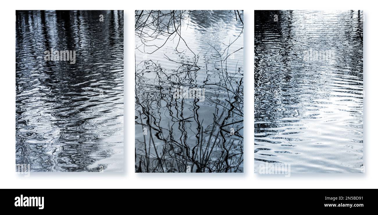 Formato tríptico Vistas de un lago con ondulaciones y reflejos. Foto de stock