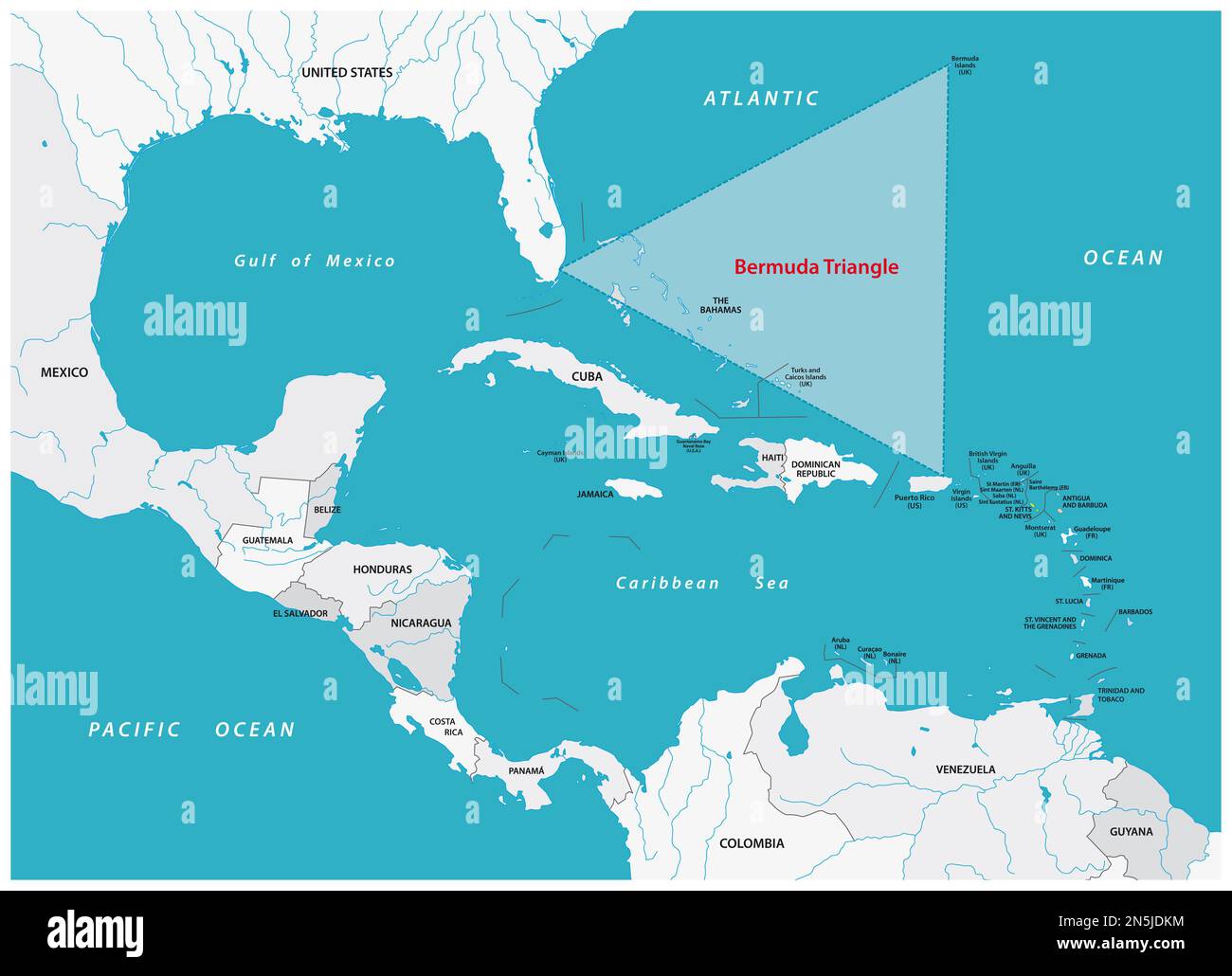 Mapa Triángulo de las Bermudas o Triángulo del Diablo en el Océano Atlántico Foto de stock
