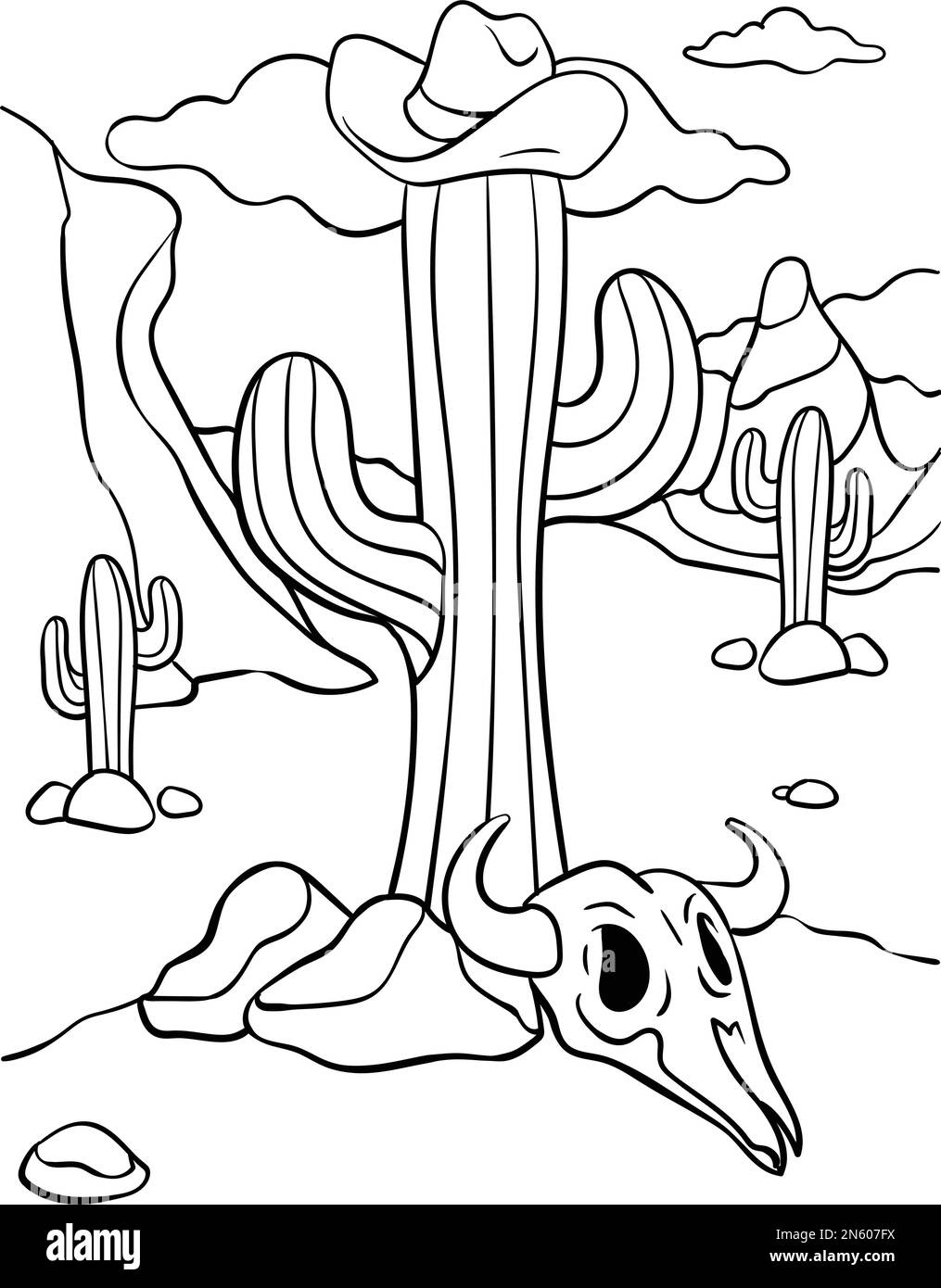 Sombrero de vaquero, Cactus, y Bull Skull para colorear página Ilustración del Vector