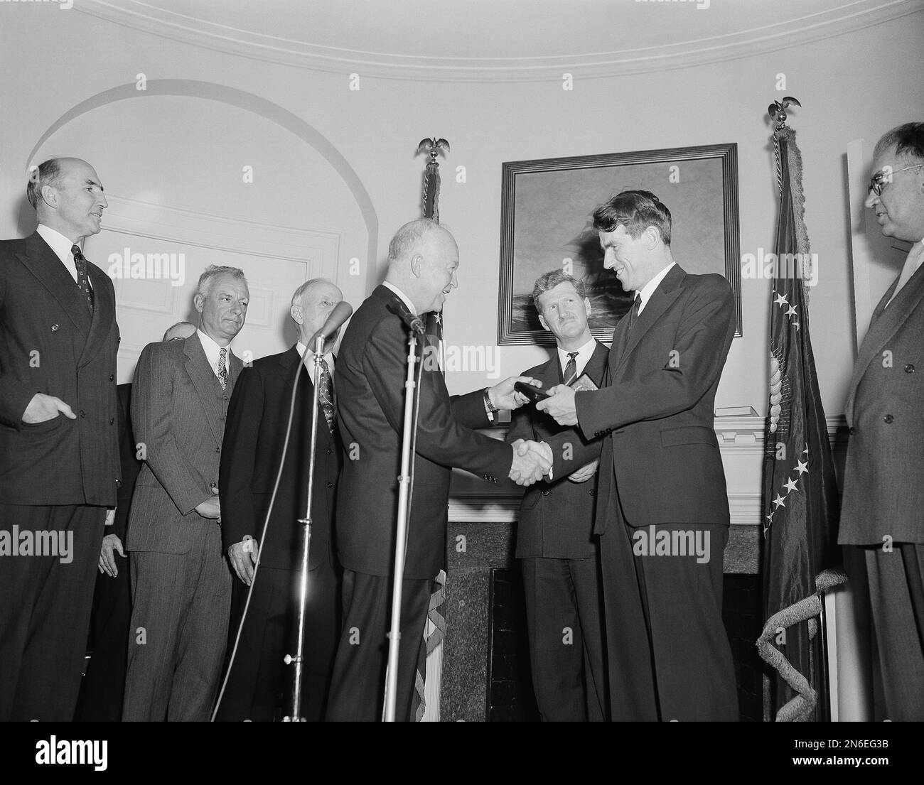 President Dwight Eisenhower congratulates Sir Edmund Hillary as he