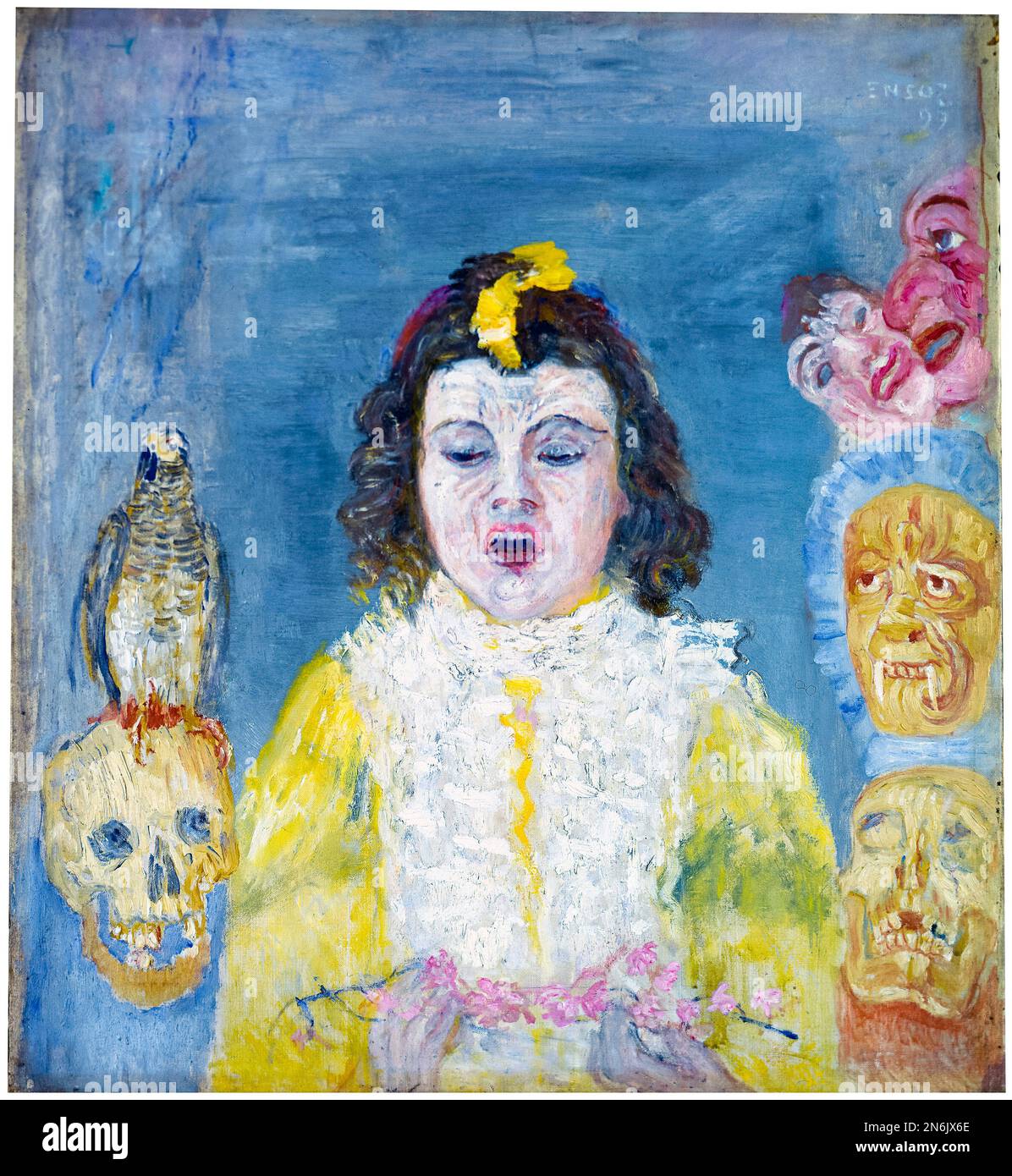 James Ensor, Chica con máscaras (Comunión), pintura al óleo sobre lienzo, 1921 Foto de stock