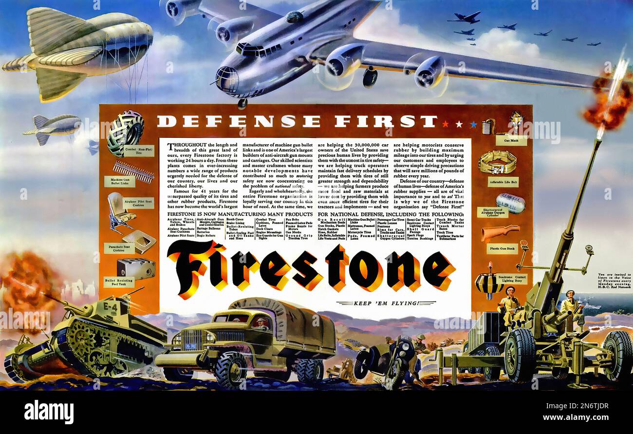 1941 - Firestone , ¡DEFENSE PRIMERO!- Publicidad estadounidense (.)  durante la Segunda Guerra Mundial Fotografía de stock - Alamy