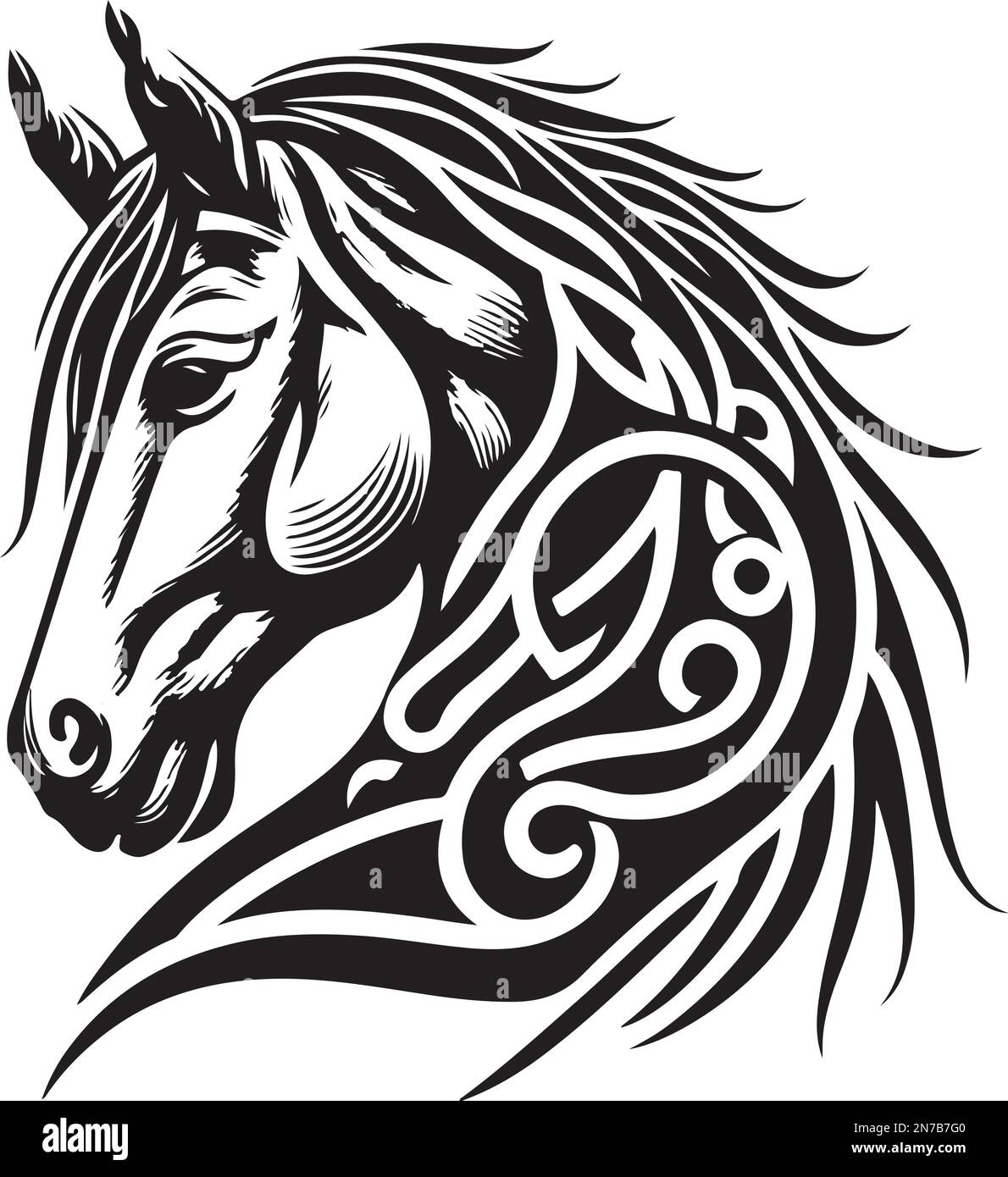 Vector silueta de una cabeza de caballos con ornamento. Ilustración