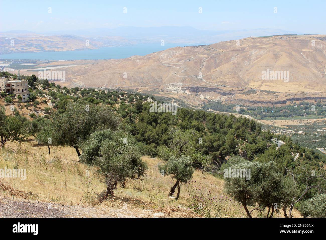 Vista sobre la Reserva Natural de Yarmouk y los Altos del Golán hacia el Mar de Galilea / Lago Tiberíades desde la ciudad de Umm Qais, Jordania, Oriente Medio Foto de stock