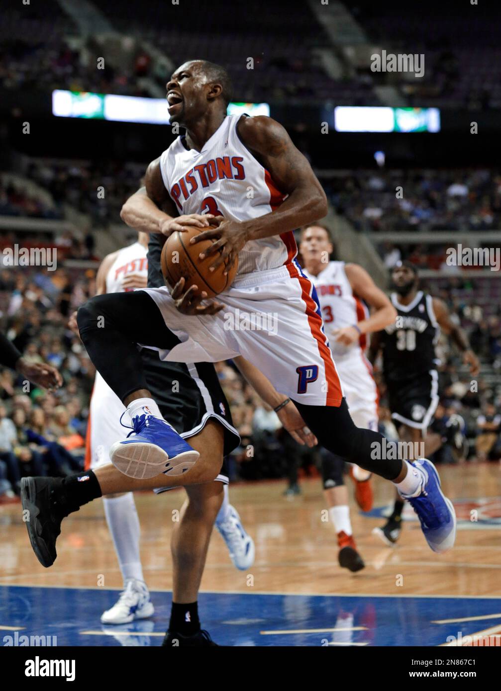 Detroit Pistons point guard Rodney Stuckey (3) is fouled by Brooklyn