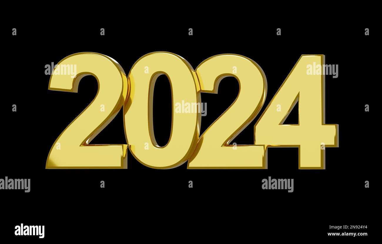 2024 Año Nuevo. Oro 2024 aislado sobre fondo negro. Comience el nuevo año 2024 con plan de