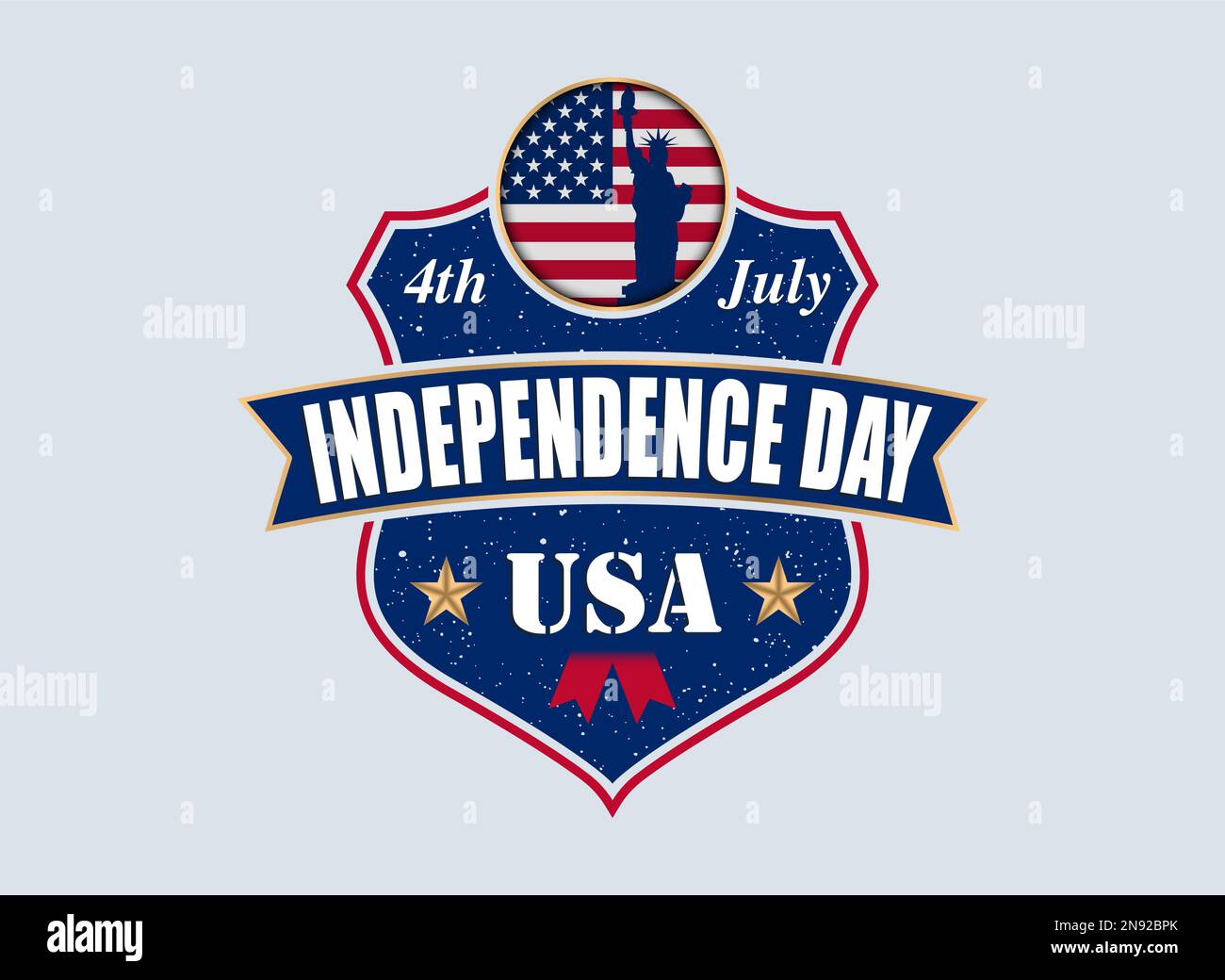 Día de la independencia de Estados Unidos La gente celebra el 4th de julio. Bandera americana y estatua de la libertad en la forma del círculo en el vector del escudo. Ilustración del Vector