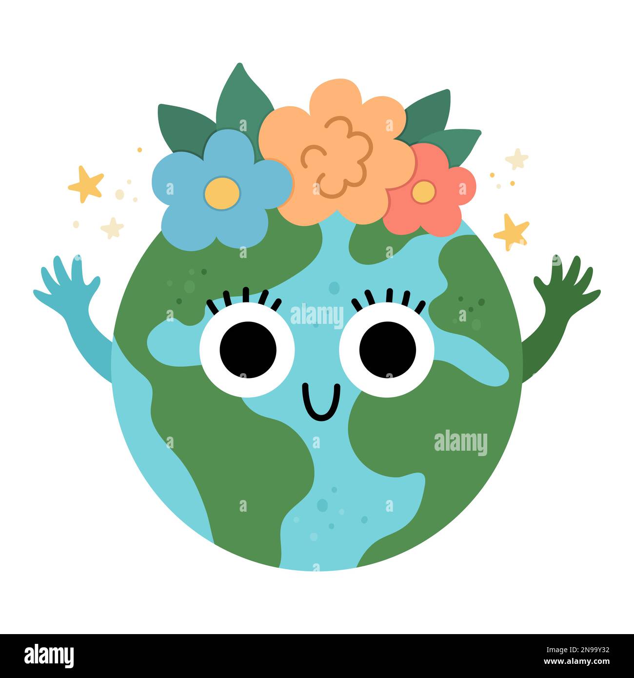 Vector tierra para niños. Ilustración del día de la tierra con lindo  planeta sonriente kawaii. Icono respetuoso del medio ambiente con globo y  flores en la parte superior. Ecológico con Imagen Vector