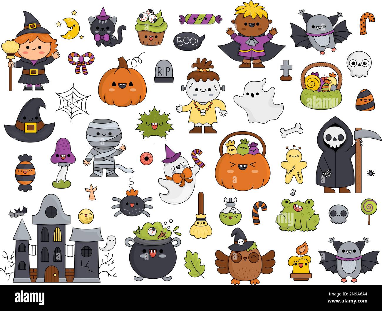 Vector kawaii halloween clipart set para niños. Lindo dibujos animados  Samhain elementos de fiesta. Colección de miedo con jack-o-lantern, casa  embrujada, fantasma, cráneo Imagen Vector de stock - Alamy
