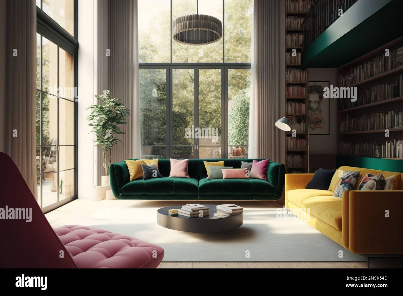 sala de estar moderna y grande con coloridos sofás y cojines y estantería  de pared completa - enormes ventanas con vistas al jardín Fotografía de  stock - Alamy