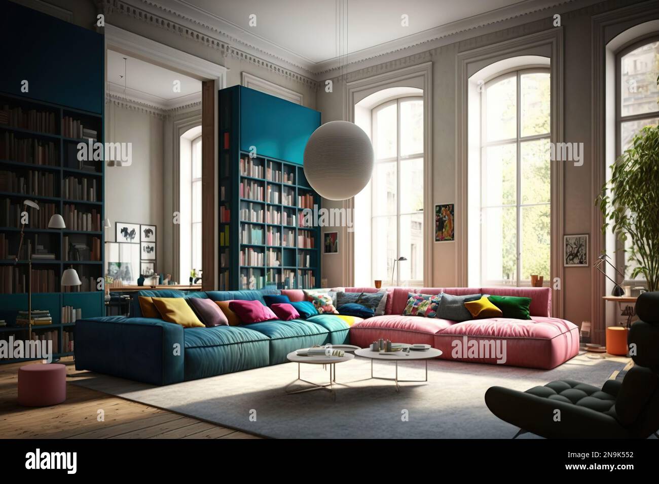 sala de estar moderna y grande con coloridos sofás y cojines y estantería  de pared completa - enormes ventanas con vistas al jardín Fotografía de  stock - Alamy