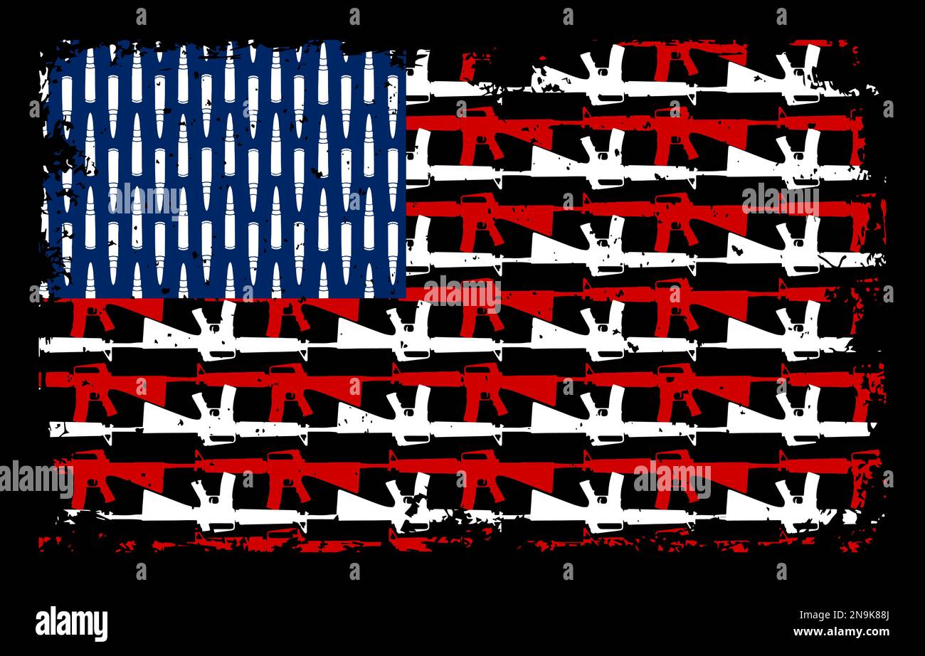 Diseño de camiseta de guerrero americano con bandera de EE.UU. Y vector de pistola. Rifles de asalto, rifles de francotirador y forma de bala de ilustración vectorial de bandera americana. Ilustración del Vector