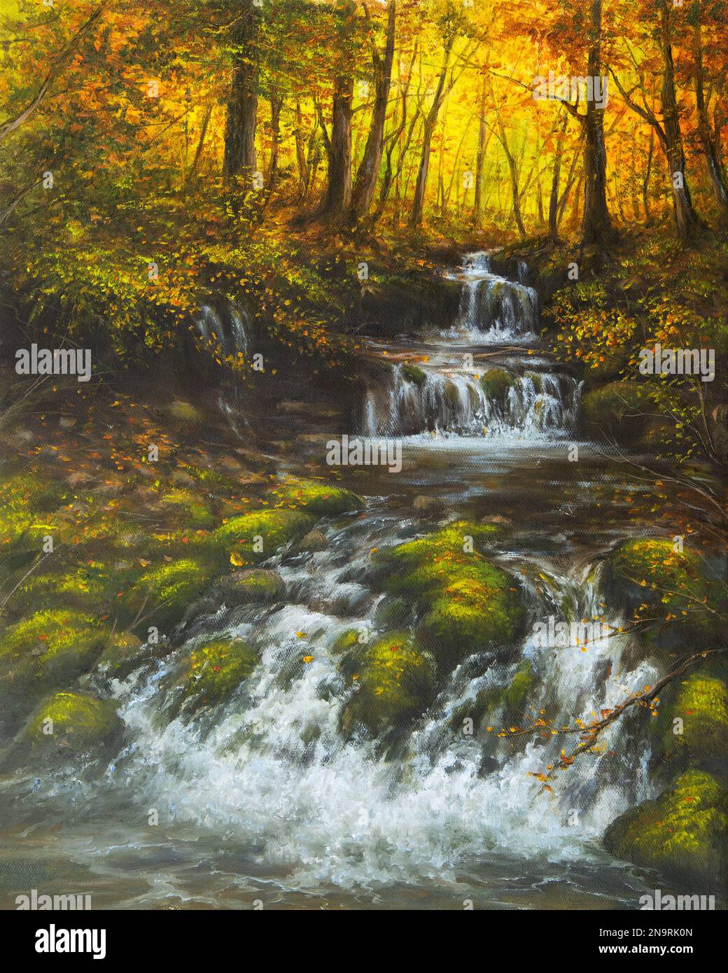 Pintura al óleo original del paisaje del otoño de beautifl, bosque,  montañas y río con cascadas en canvas.Modern impresionismo, modernismo,  marinismo Fotografía de stock - Alamy