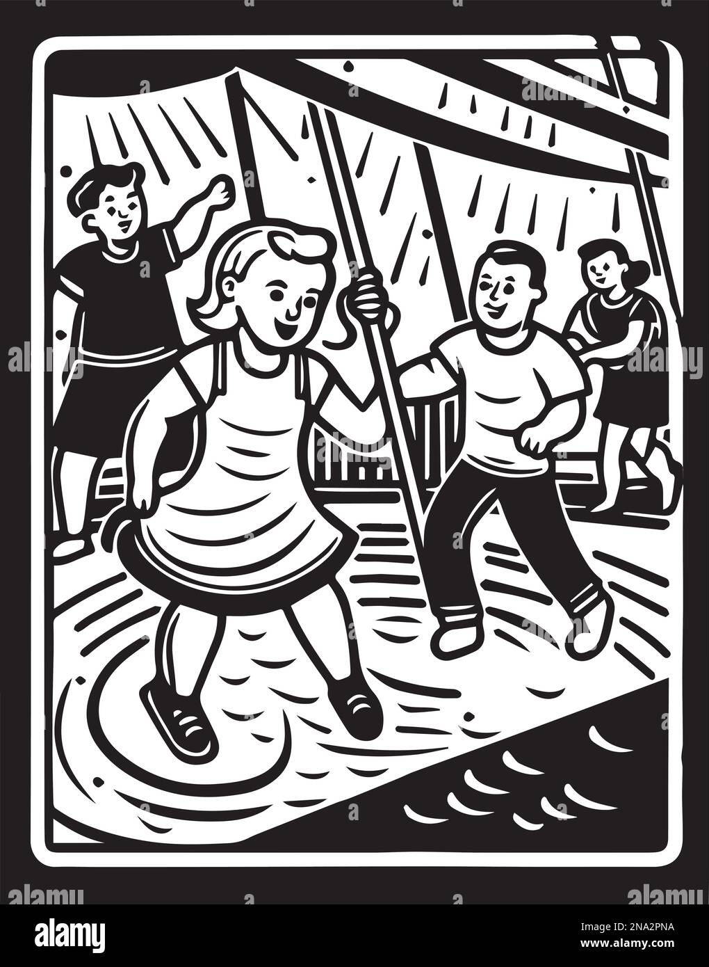 Hermoso arte linocut o página para colorear de un patio de recreo para