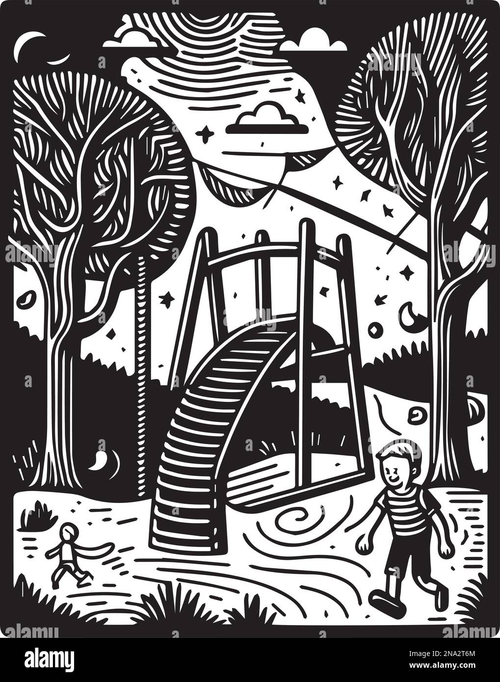 Hermoso arte linocut o página para colorear de un patio de recreo para