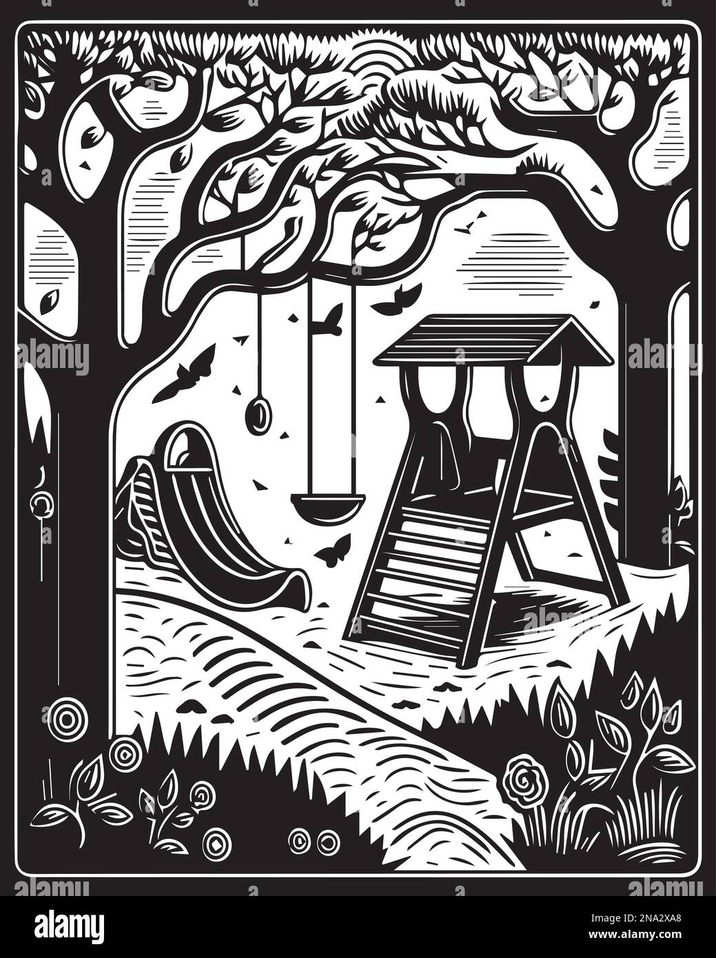 Hermoso arte linocut o página para colorear de un patio de recreo para