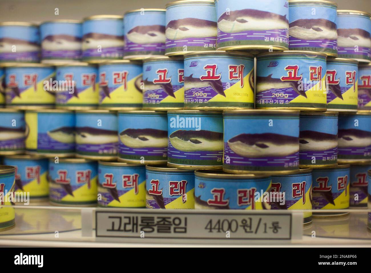 In this Sunday, Oct. 9, 2011 photo, cans of whale meat are displayed